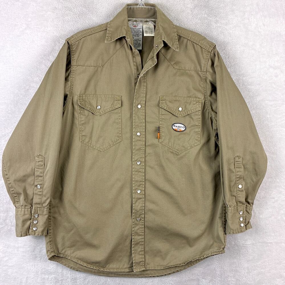 Rasco FR Shirt Mens M Brown Khaki Flame Resistant Pearl Snap Workwear Outdoors